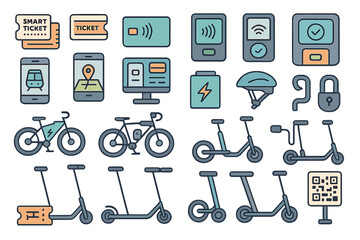 Smart transport icon set with e-bikes, scooters, and mobile tickets