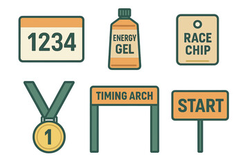 Participants prepare for a race with essential items including race chips, energy gels, and medals near the starting line