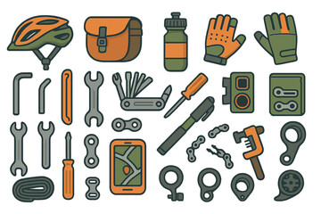 Obraz premium Flat illustration of cycling gear and bike repair tools set