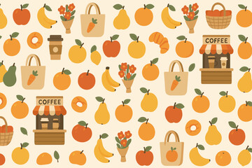 Seamless farmers market pattern with fruit, coffee, and tote bags