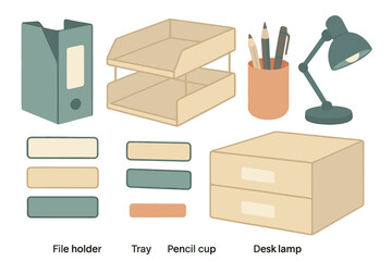 Organized desk setup with file holder, tray, pencil cup, and desk lamp in a modern workspace