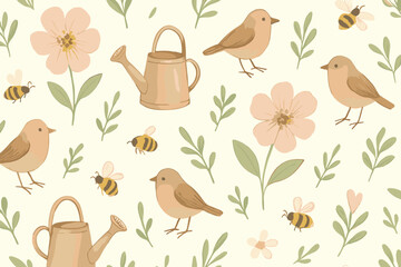 Charming spring pattern featuring birds, flowers, watering can, and bees in a delicate nature scene