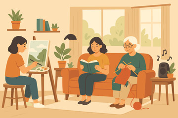 Relaxing afternoon involving painting, reading, and knitting among friends in a cozy living room