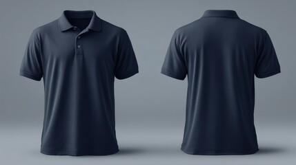 Ultra quality image of navy blue polo shirt mockup. Navy blue polo shirt displayed from the front and back angles, featuring a classic collar and short sleeves.