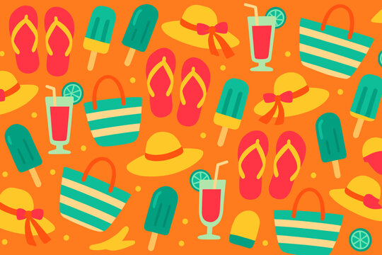 Summer vacation essentials featuring flip flops, hats, drinks, and ice cream pops against a bright orange background