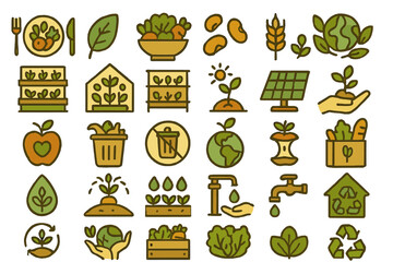 Collection of eco-friendly farming and sustainability icons representing various aspects of gardening, recycling, and renewable energy