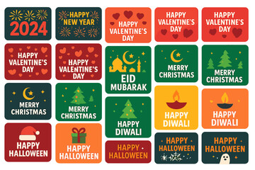 Colorful holiday greeting cards for various celebrations throughout the year showcasing New Year, Valentine?s Day, Eid, Christmas, and Diwali
