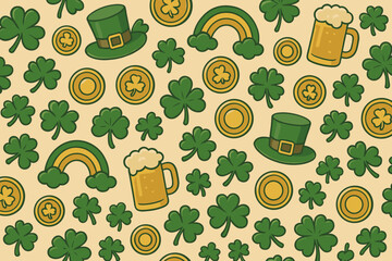Festive pattern featuring shamrocks, beer mugs, pots of gold, and leprechaun hats for St. Patrick's Day celebration