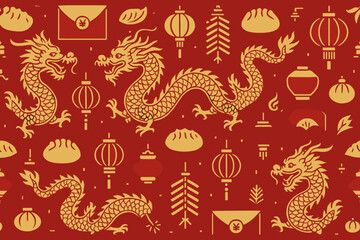 Decorative pattern featuring dragons and traditional symbols on a red background for cultural celebration