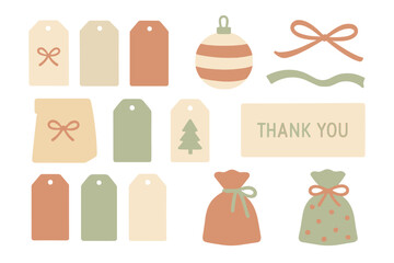 Colorful holiday gift tags and decorations arranged on a white background for festive gifting and celebration