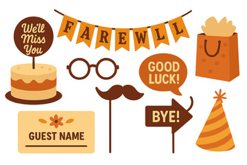 Farewell celebration decorations featuring a cake, banners, and playful props for a memorable goodbye event