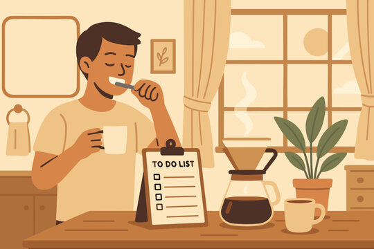 Morning routine in a cozy kitchen with coffee and to-do list preparation