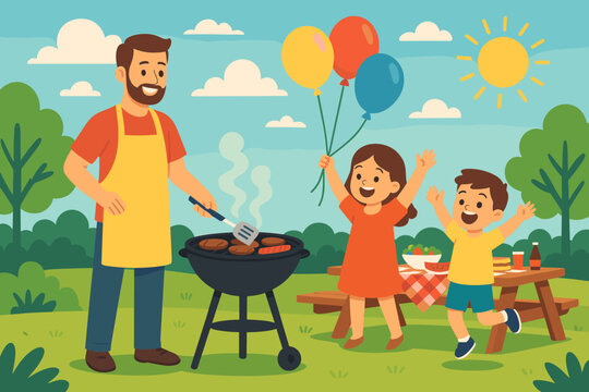 Family barbecue celebration in a sunny park with children enjoying and holding balloons