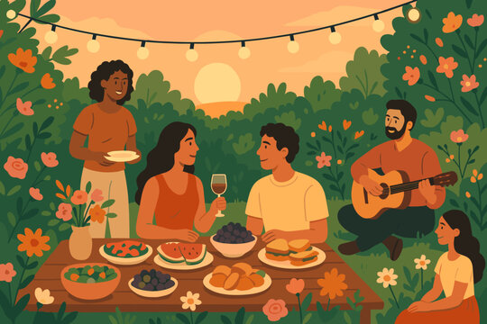 Friends gather for an outdoor picnic at sunset with food, drinks, and music in a vibrant garden setting