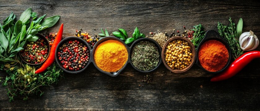 A variety of spices and herbs on a wooden surface, creating a sense of freshness and flavor. Ideal for culinary and gastronomic themes.