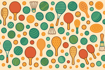 Pattern featuring various sports equipment including paddles, balls, and shuttlecocks in vibrant colors