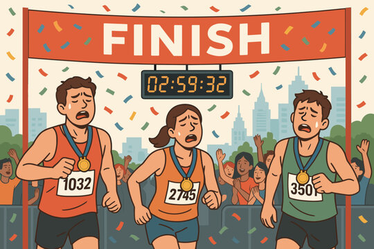 Runners crossing the finish line at a city race with enthusiastic spectators celebrating in the background