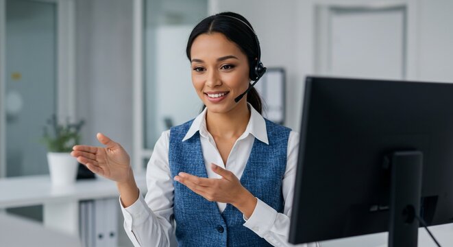 Friendly support agent in office provides assistance on computer to customers - Powered by Adobe