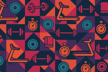 Obraz premium Seamless geometric fitness pattern with treadmills and dumbbells