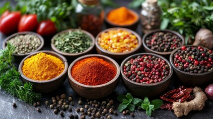 Fototapeta premium A variety of spices in wooden bowls. Useful for culinary articles and food advertising.