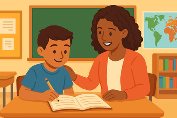 Smiling teacher tutoring student at school desk