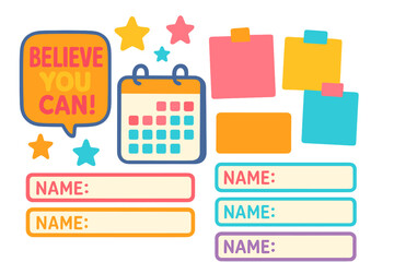 Colorful motivational school stickers with name labels