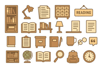 Warm-toned icon set of library and study essentials