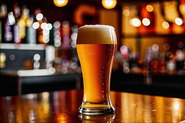 A glass of light beer on the bar counter in a bar. No people.
