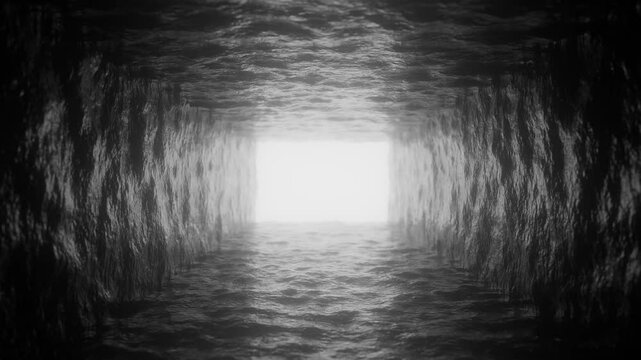 Rough walls define a dark tunnel leading to a bright rectangular opening, creating a powerful visual metaphor for hope, overcoming challenges, and finding a way out of darkness