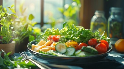 Fresh salad with vegetables on a sunny table. Suitable for cooking blogs and articles about healthy eating.