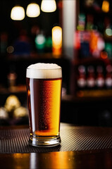 A glass of light beer on the bar counter in a bar. No people.