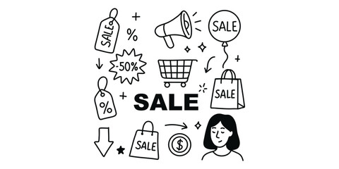 doodles with discount and promotion symbols vector illustration