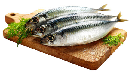 Three fresh sardines are placed on a wooden cutting board, garnished with sprigs of dill and a sprinkle of salt, ready for preparation, against a transparent background