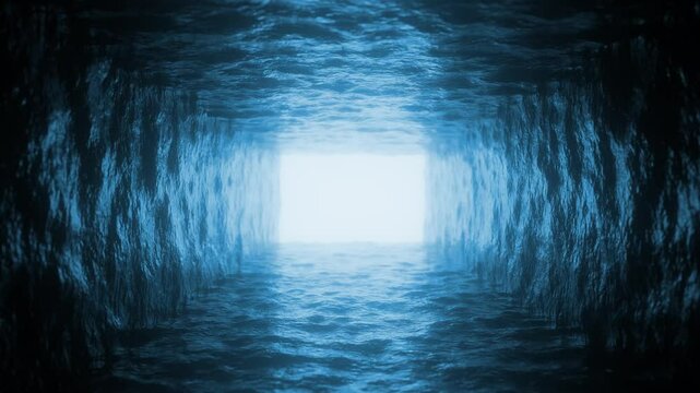 Mysterious underwater tunnel glowing with radiant light from unseen source, revealing dark depths and creating suspenseful marine environment with haunting atmosphere