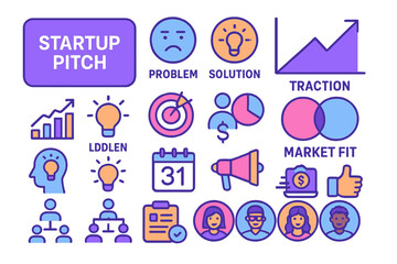 Fototapeta premium Colorful neon startup pitch infographic with icons for solution, traction, and market fit