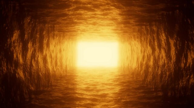 Golden light penetrating rough, uneven tunnel walls, symbolizing profound journey from darkness toward breakthrough, revealing inner strength, personal growth, and transformative potential