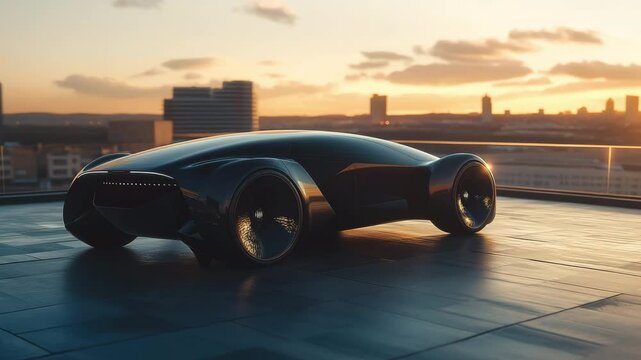 A sleek futuristic electric vehicle stands on a rooftop at sunset, overlooking a city skyline with clouds and soft light