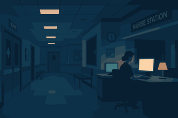 Nurse working late at the station in a quiet hospital corridor during nighttime