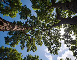 Photo taken from beneath a tree, showing branches and green leaves 