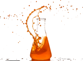 Orange liquid splashing in erlenmeyer flask isolated on transparent background