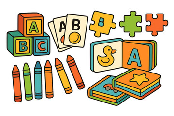 Colorful educational toys for toddlers featuring blocks, crayons, cards, and puzzles in a playful arrangement