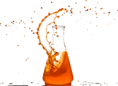 Orange liquid splashing in erlenmeyer flask isolated on transparent background
