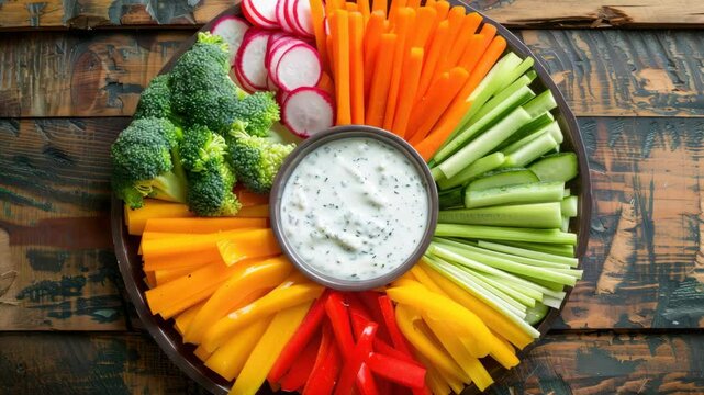 Enjoy a vibrant assortment of fresh vegetables with a creamy ranch dip, perfect for healthy snacking any time of the day