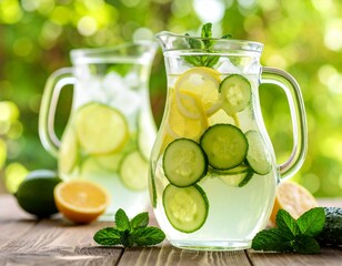 Refreshing cucumber water with lemon and mint in a glass pitcher