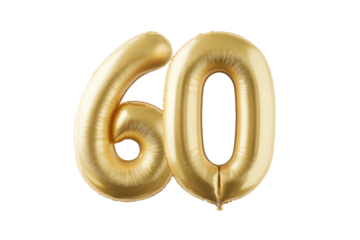 Golden number 60 balloon celebration isolated on white background, cut out