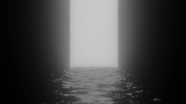Luminous radiance gradually penetrating shadowy aquatic passageway, symbolizing transformative journey from obscurity toward enlightenment and inner peace