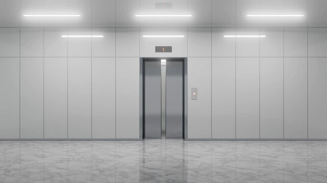 Polished marble floor reflecting bright illumination while sleek elevator doors open, revealing contemporary corporate lobby with metallic architectural elements and clean design