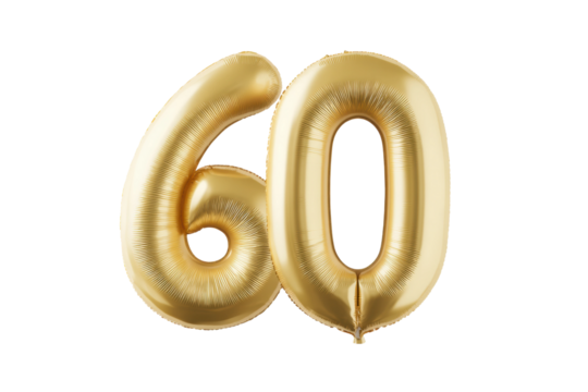 Golden number 60 balloon celebration isolated on white background, cut out