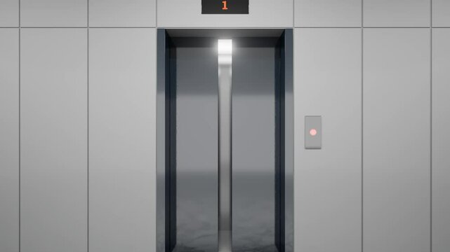 Elevator doors open and close on various floors of a modern building, showing both interior and exterior perspectives of the elevator cabin
