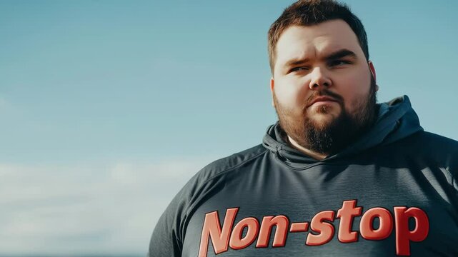 A person in a non stop hoodie poses outdoors with a clear blue sky in the background, showcasing confidence and strength